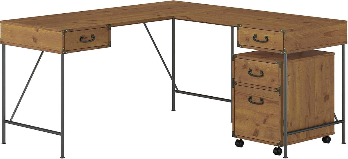 Vintage Golden Pine Writing Desk and 2 Drawer Mobile File Cabinet N11618