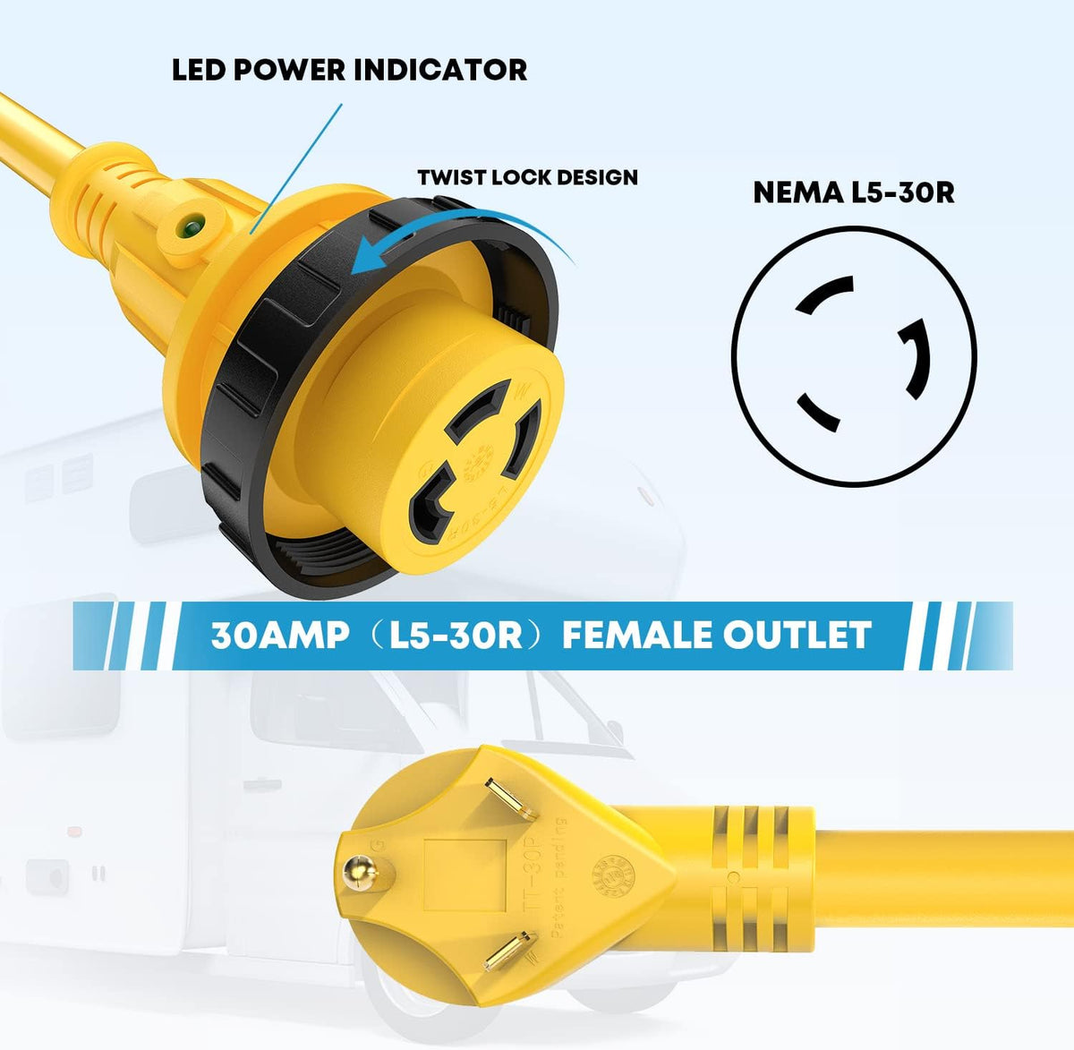 30 Amp RV Power Extension Cord 50 ft with Locking Adapter R4514