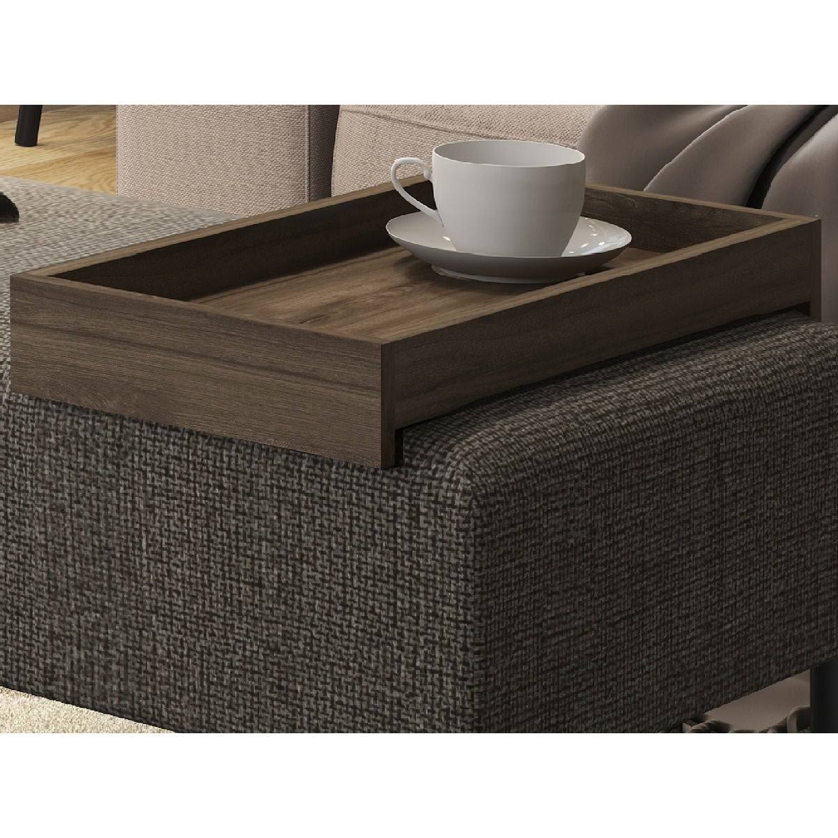Dark Brown Fabric Bench with Black Base and Dark Oak Tray O7448
