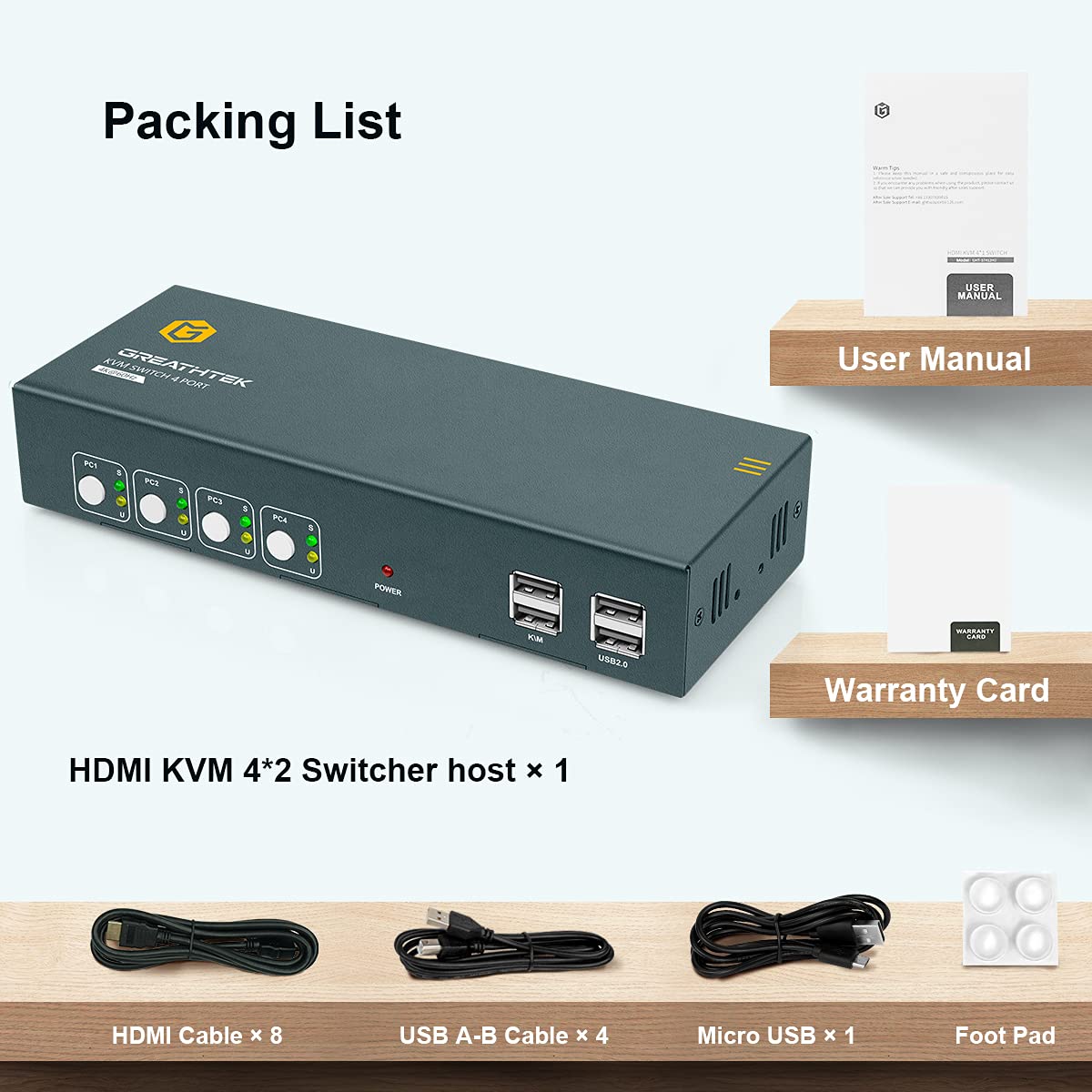 HDMI Dual Monitor 4 Port KVM Switch with USB Hub and Cables L400848