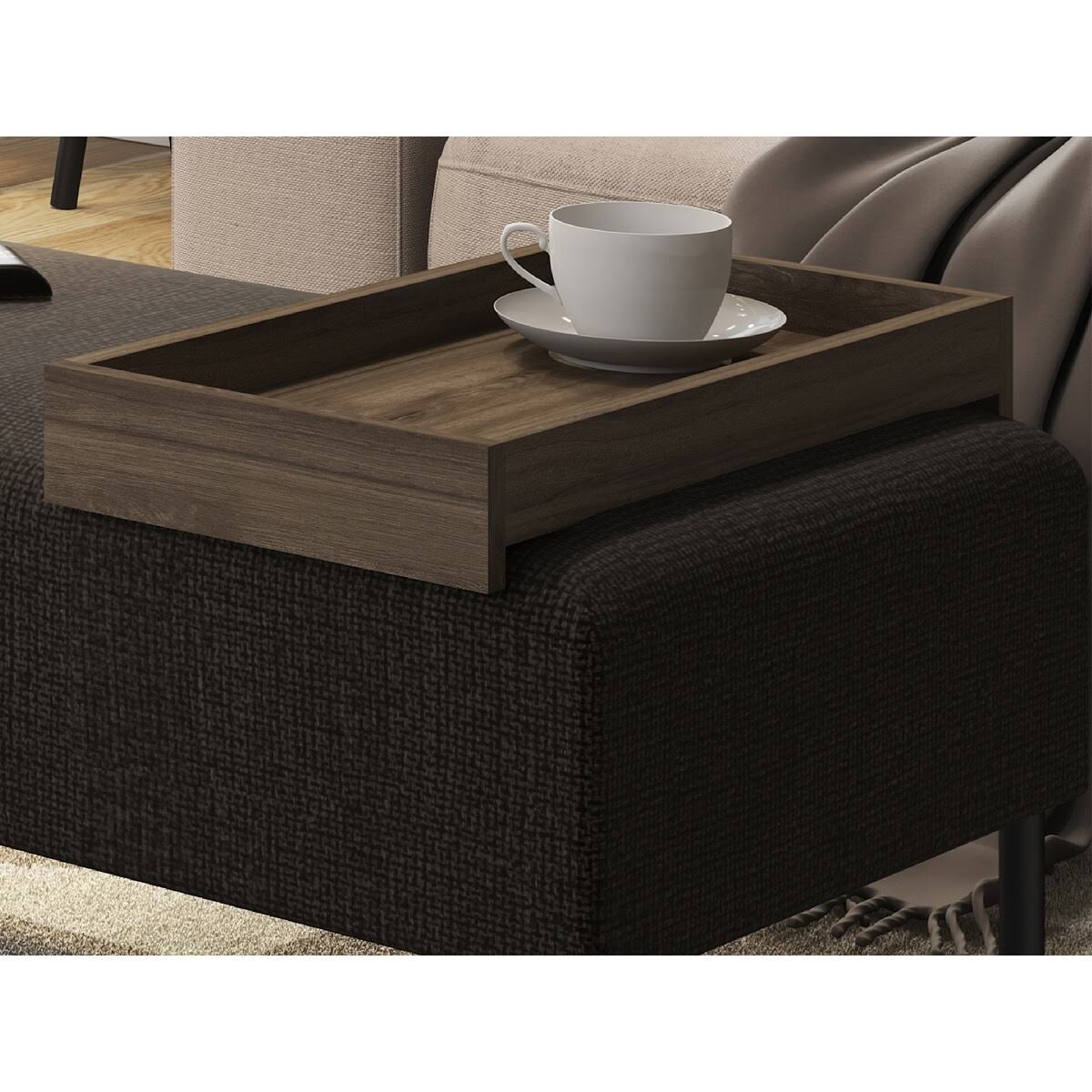 Dark Brown Fabric Bench with Black Base and Dark Oak Tray O7448