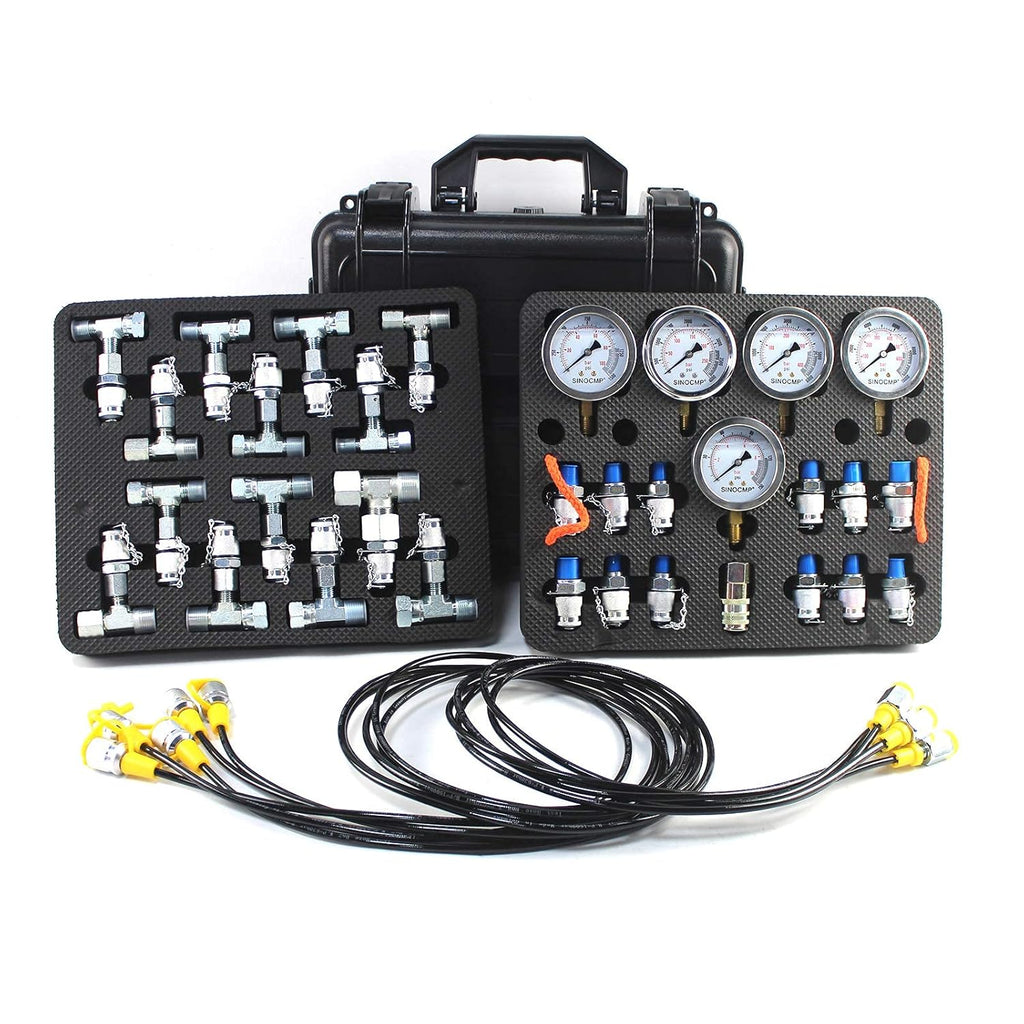 Hydraulic Pressure Test Kit with 5 Gauges 5 Test Hoses 13 Couplings and 14 Tee Connectors Y601