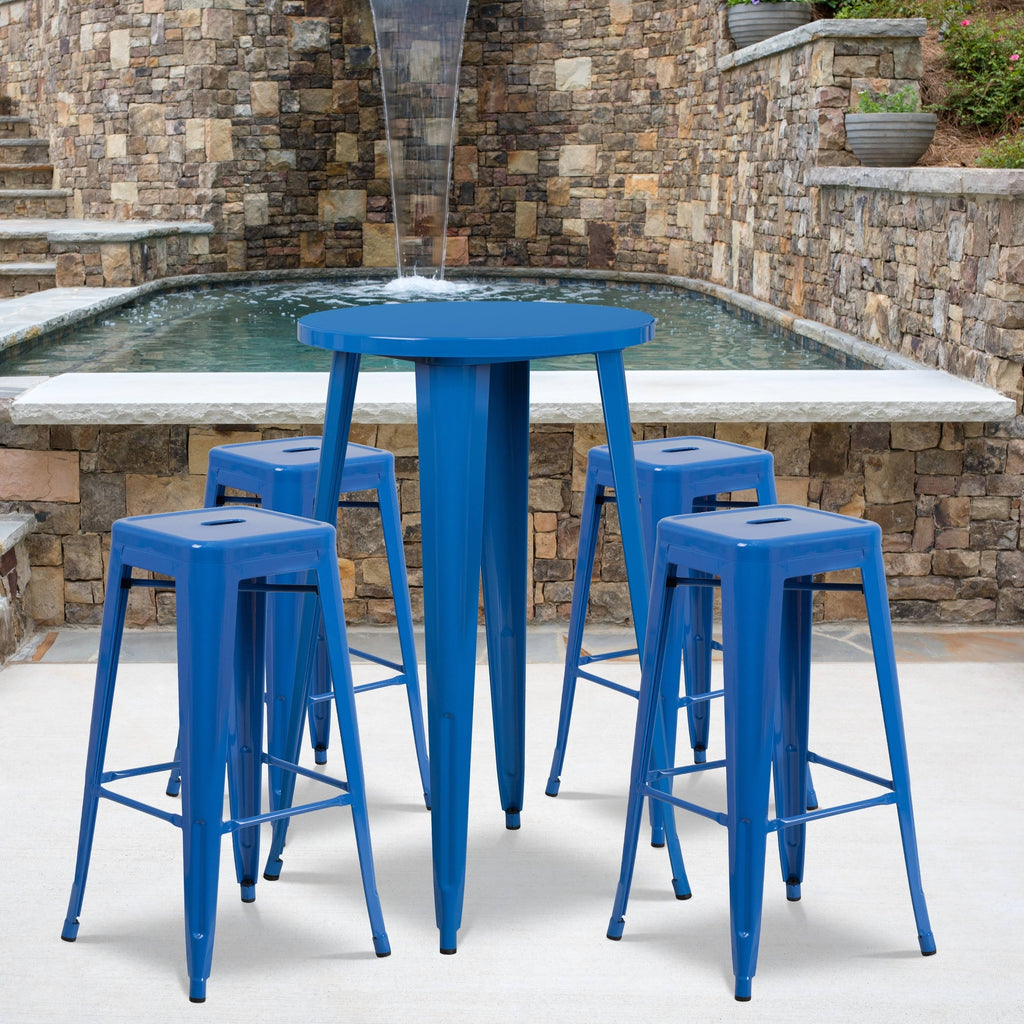 24-Inch Round Metal Indoor-Outdoor Bar Table Set with 4 Backless Barstools, Black G237