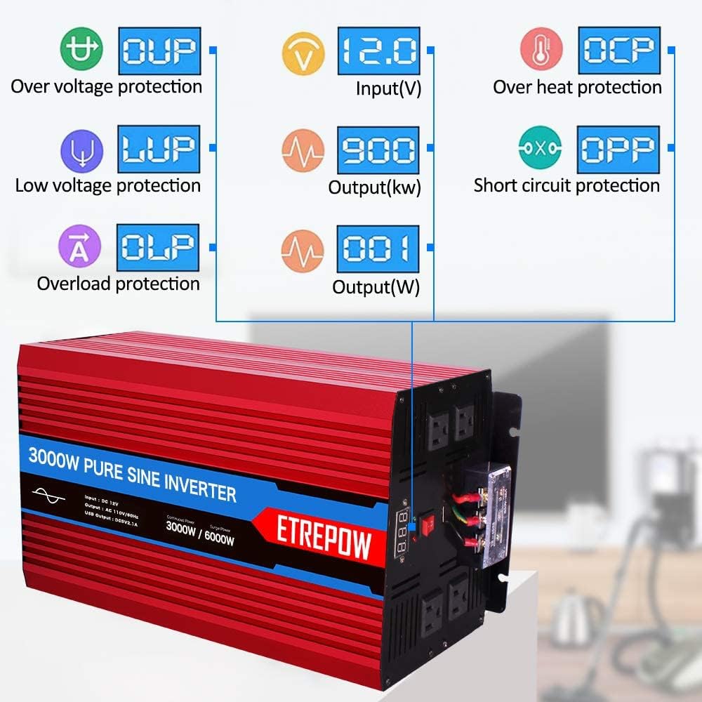 3000 Watt Pure Sine Wave Power Inverter 12V DC to 110V AC U10954