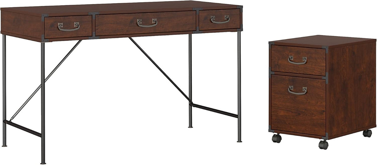 Vintage Golden Pine Writing Desk and 2 Drawer Mobile File Cabinet N11618