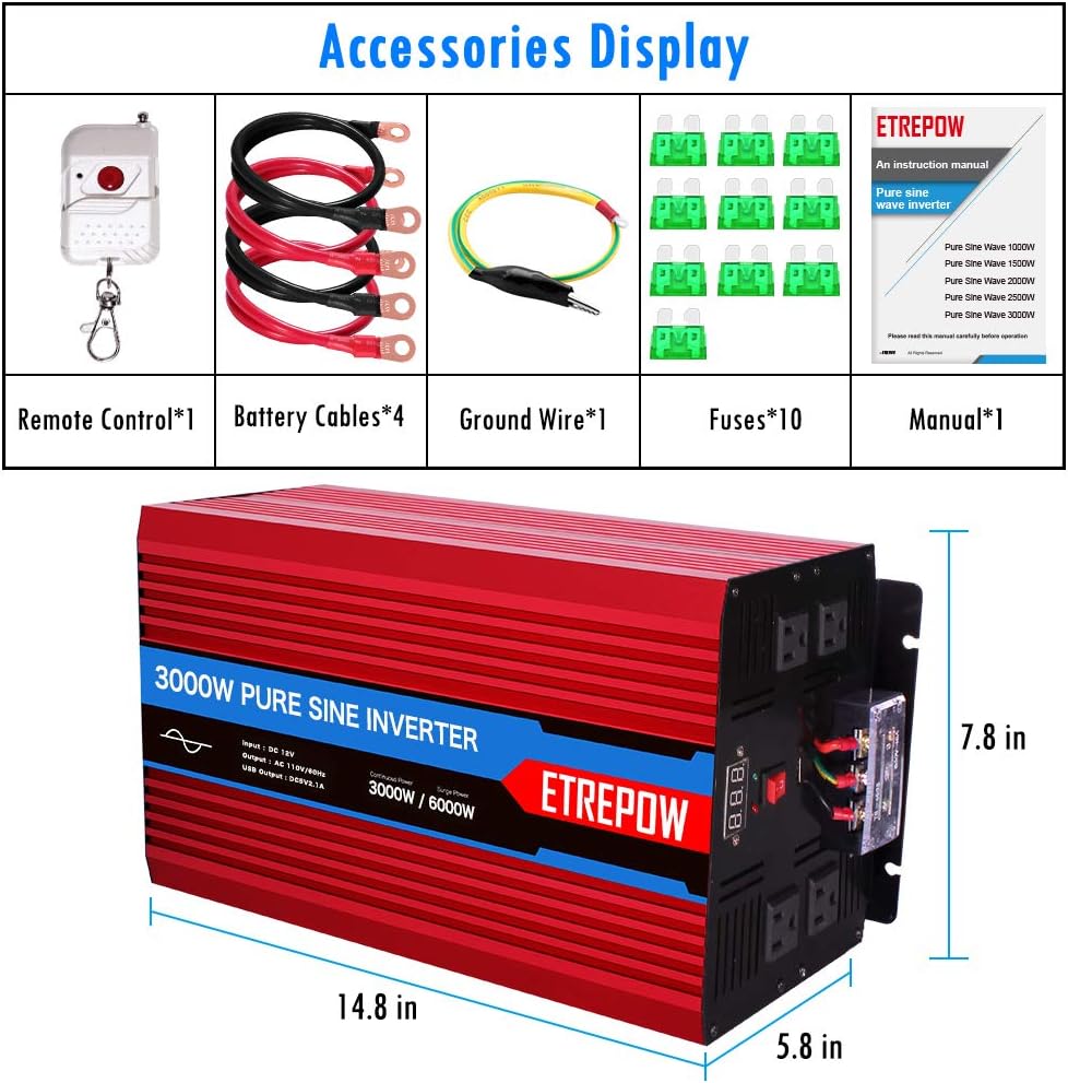 3000 Watt Pure Sine Wave Power Inverter 12V DC to 110V AC U10954