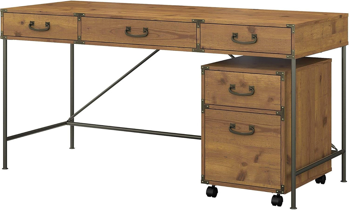 Vintage Golden Pine Writing Desk and 2 Drawer Mobile File Cabinet N11618