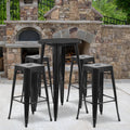 24-Inch Round Metal Indoor-Outdoor Bar Table Set with 4 Backless Barstools, Black G237