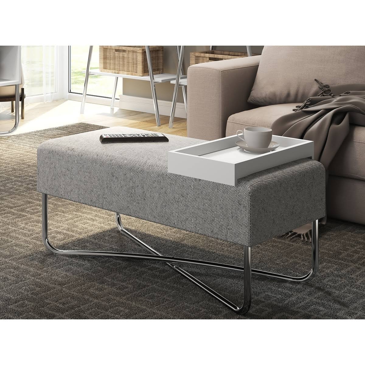 Dark Brown Fabric Bench with Black Base and Dark Oak Tray O7448