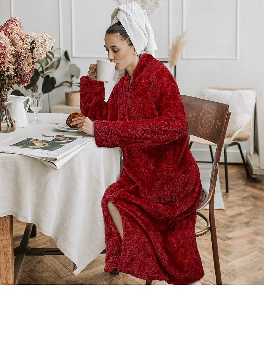 Wine Red Sherpa Fleece Zip Robe with Pockets B7937