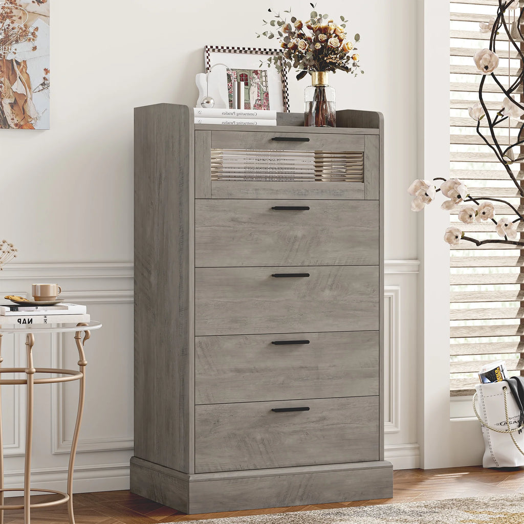 White 5 Drawer Glass Panel Wood Dresser H222