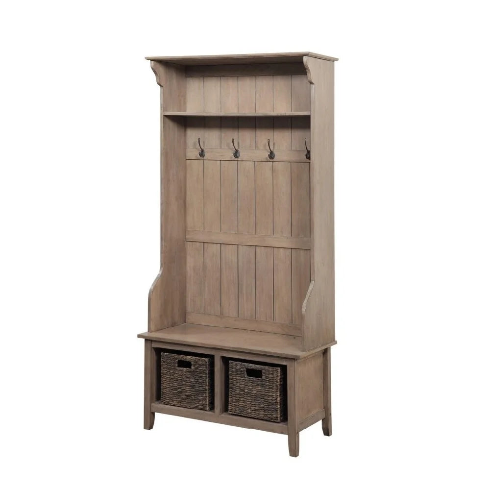 Wooden Frame Hall Tree with 4 Hooks and 2 Open Compartments M767455