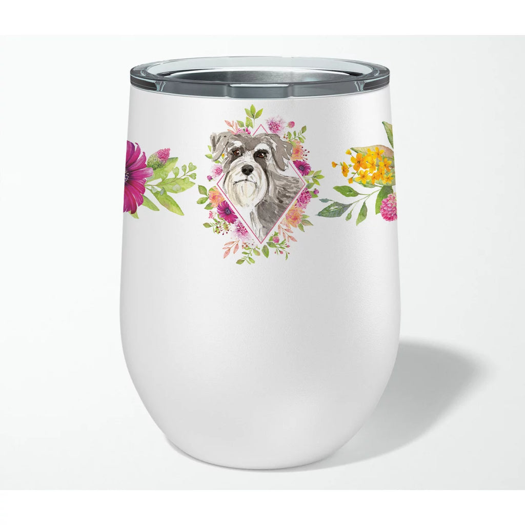Schnauzer Pink Flowers Stainless Steel 12 oz Stemless Wine Glass L171607