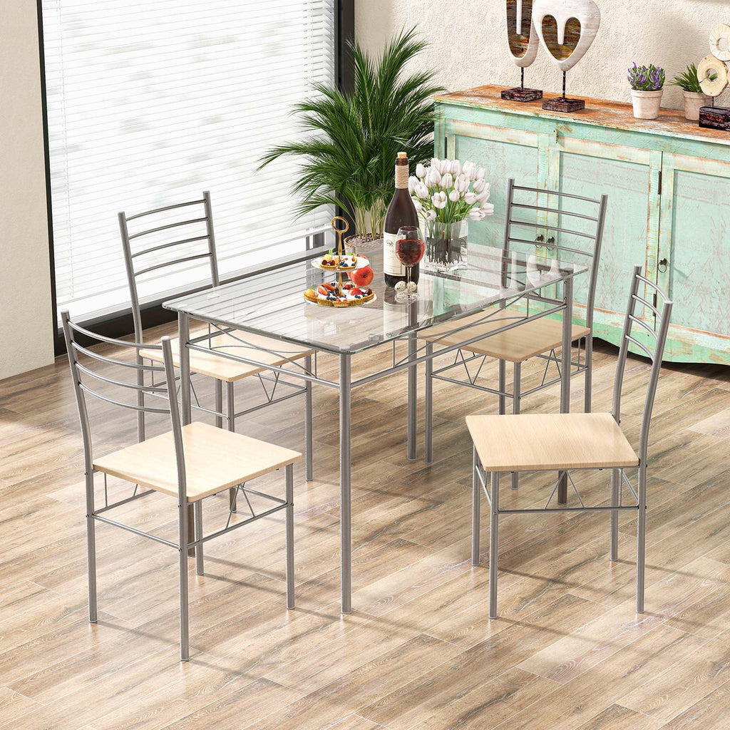 5 Piece Dining Set Table and 4 Chairs Glass Top Brown R28856