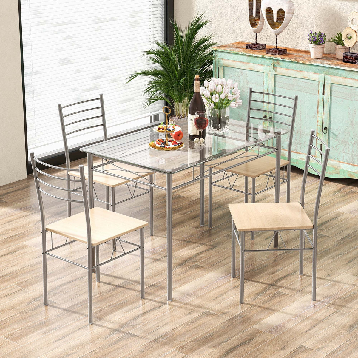 5 Piece Dining Set Table and 4 Chairs Glass Top Brown R28856