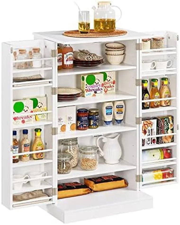 White Wood Pantry Cabinet with Doors and Adjustable Shelves I387