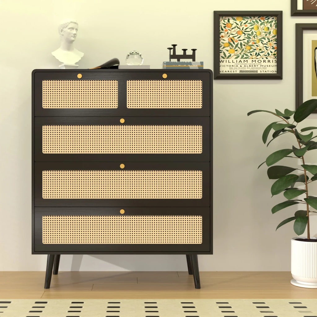 Rattan 4 Drawer Tall Wood Dresser I2745