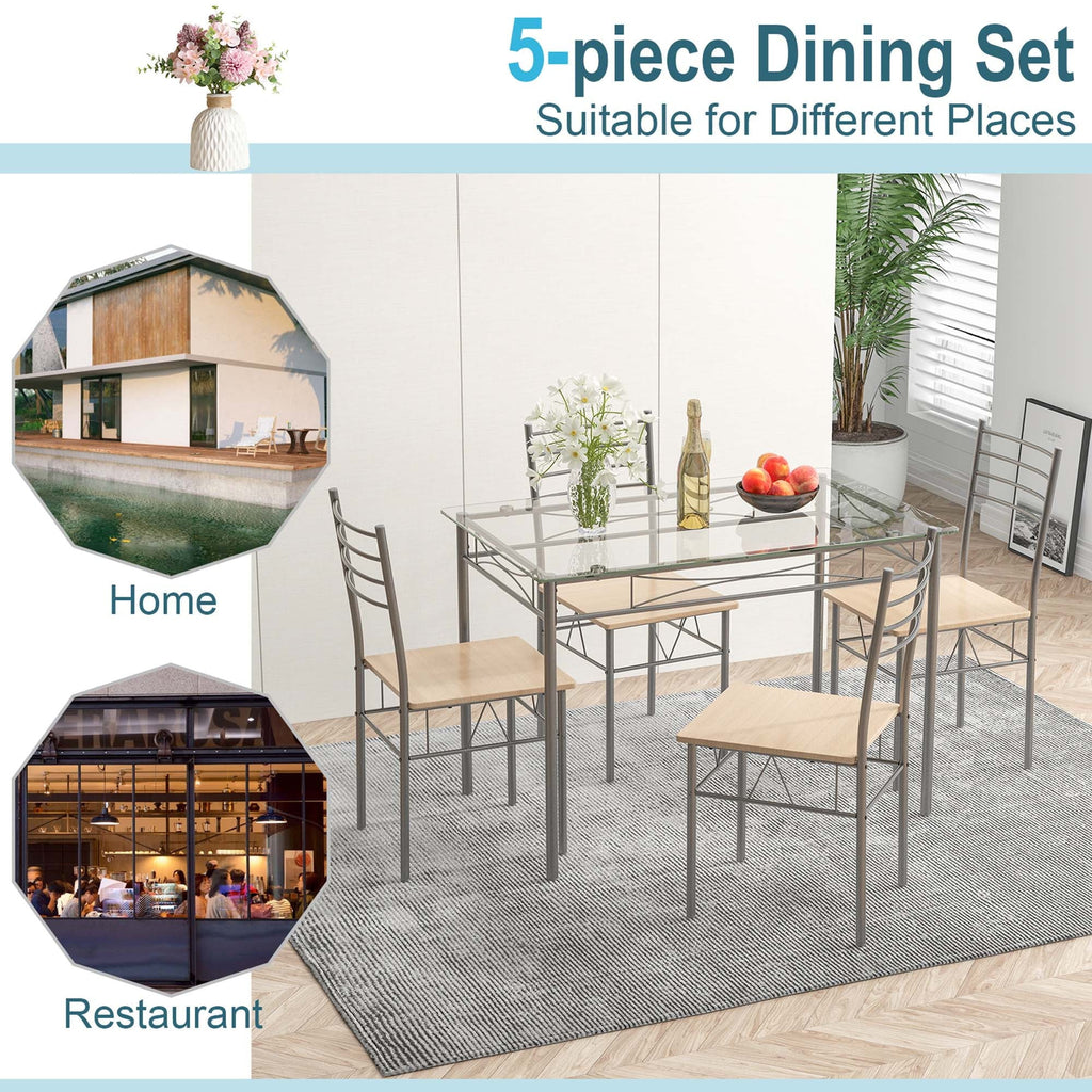 5 Piece Dining Set Table and 4 Chairs Glass Top Brown R28856