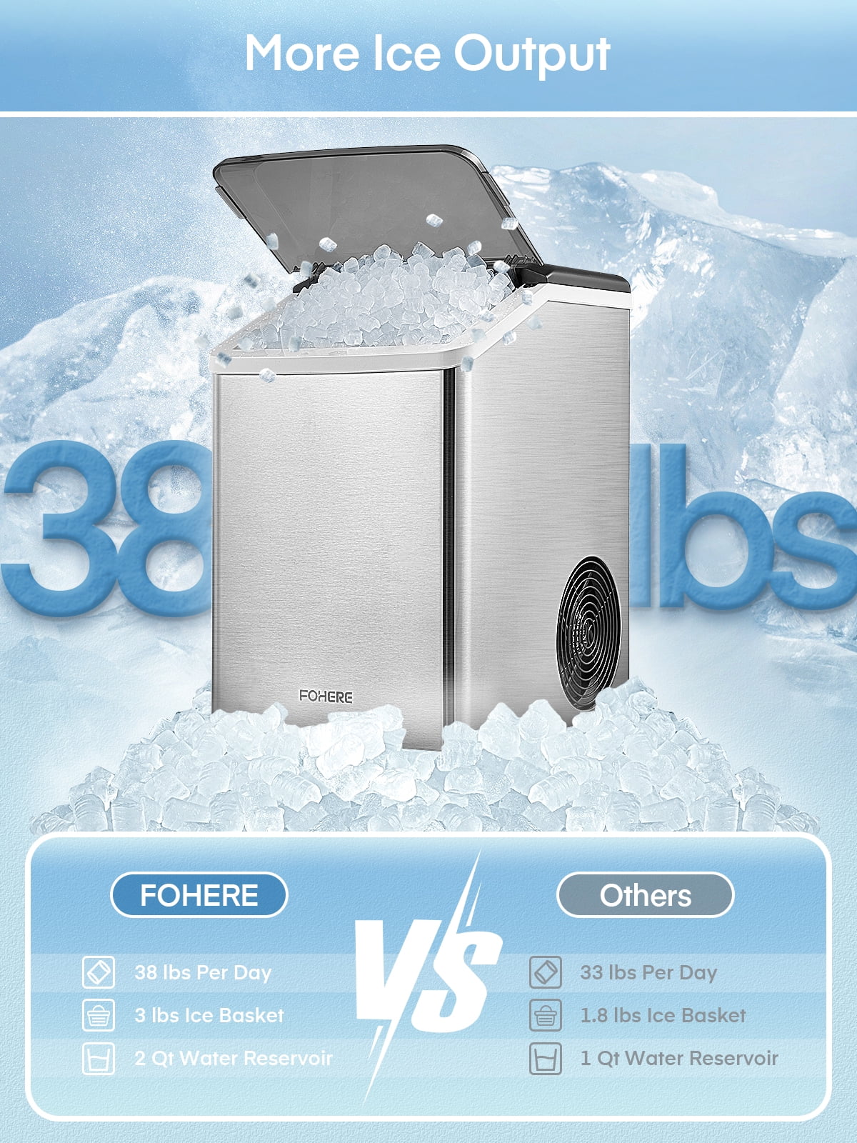 Nugget Ice Maker Countertop 38 Lbs Stainless Steel Portable Ice Machine with Ice Scoop and Basket K5300
