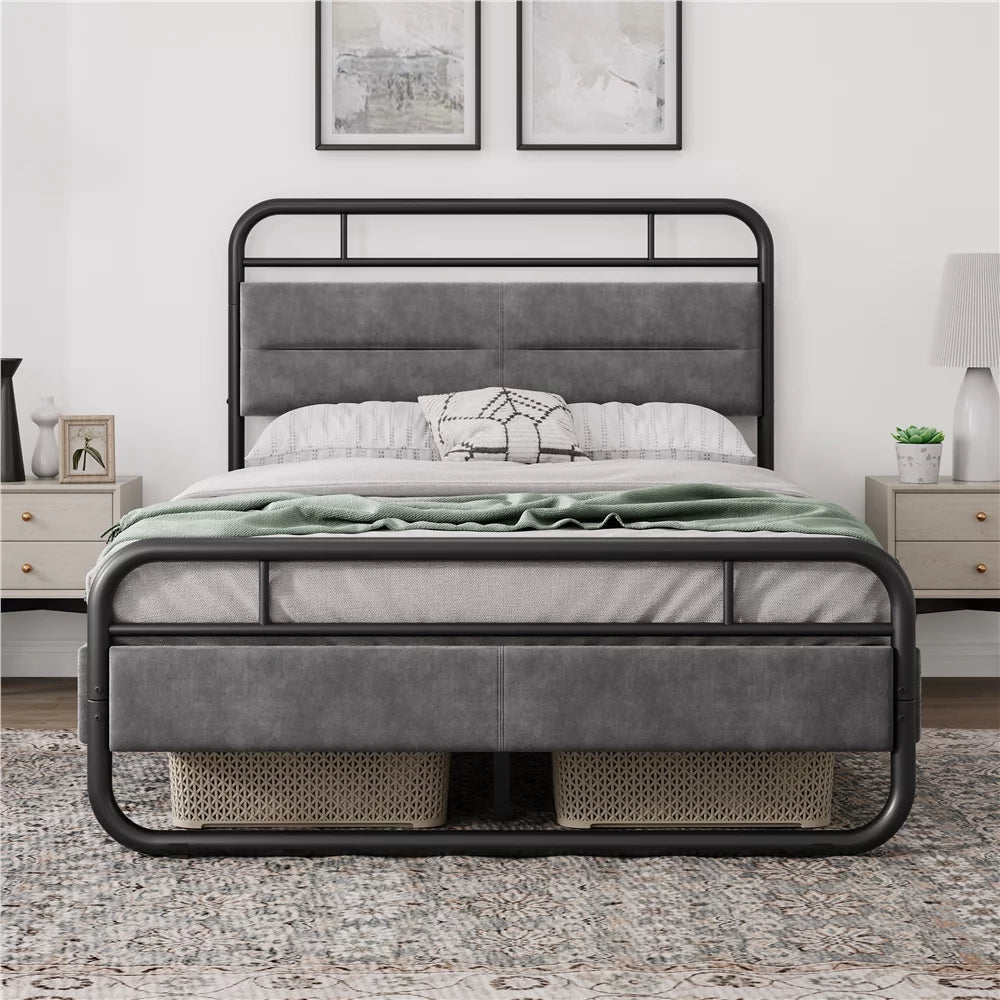 Queen Size Metal Platform Bed with Velvet Upholstered Headboard Y92669