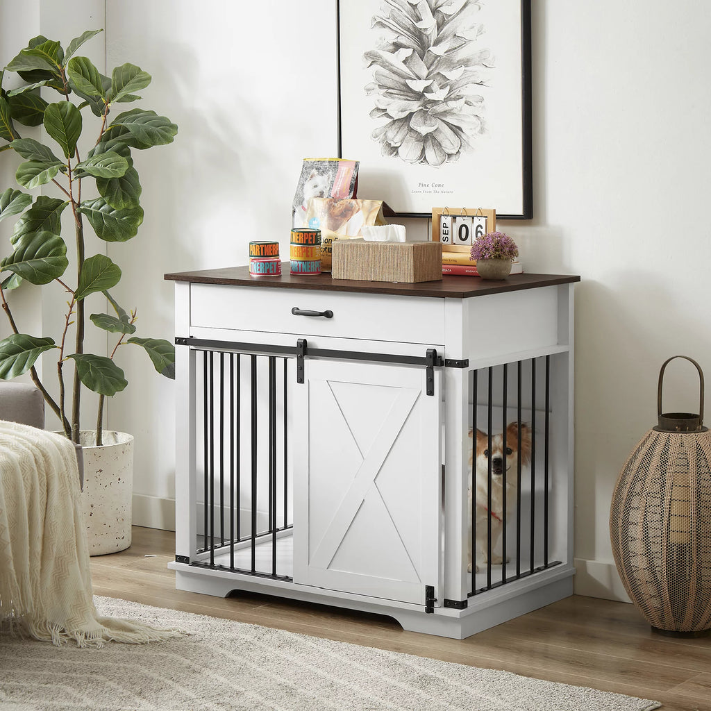 White Wooden Dog Crate with Sliding Barn Door X90263