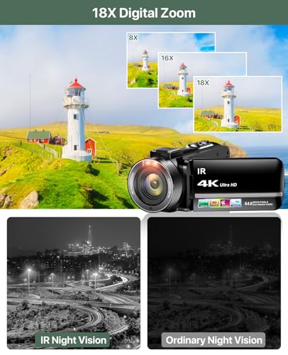 4K Video Camera Camcorder 64MP 18X Digital Zoom 3.0" IPS Screen IR Night Vision T9697