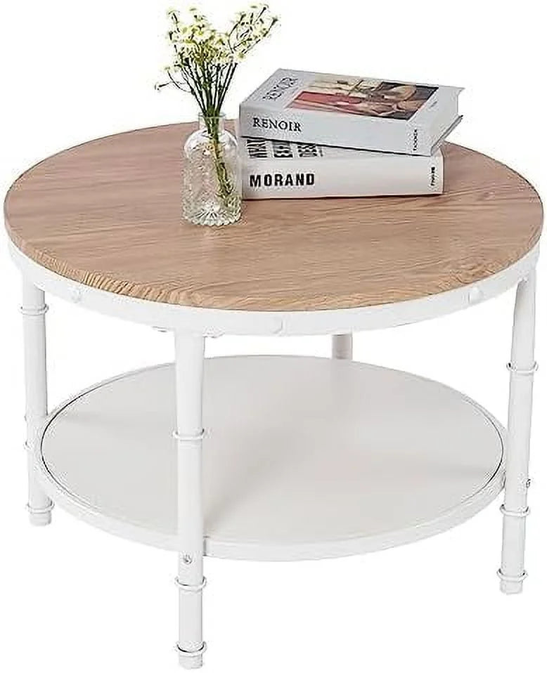 31.5" Natural White Round 2-Tier Wood Coffee Table P58322