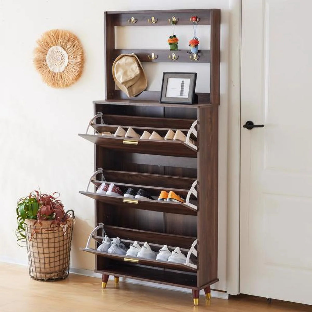 Brown Entryway Wardrobe Armoire Closet with 12 Hooks & 3 Shoe Cabinets Z858146