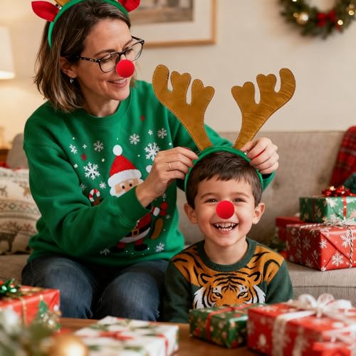 12 Pcs Brown Reindeer Antlers Headband with Red Noses V944
