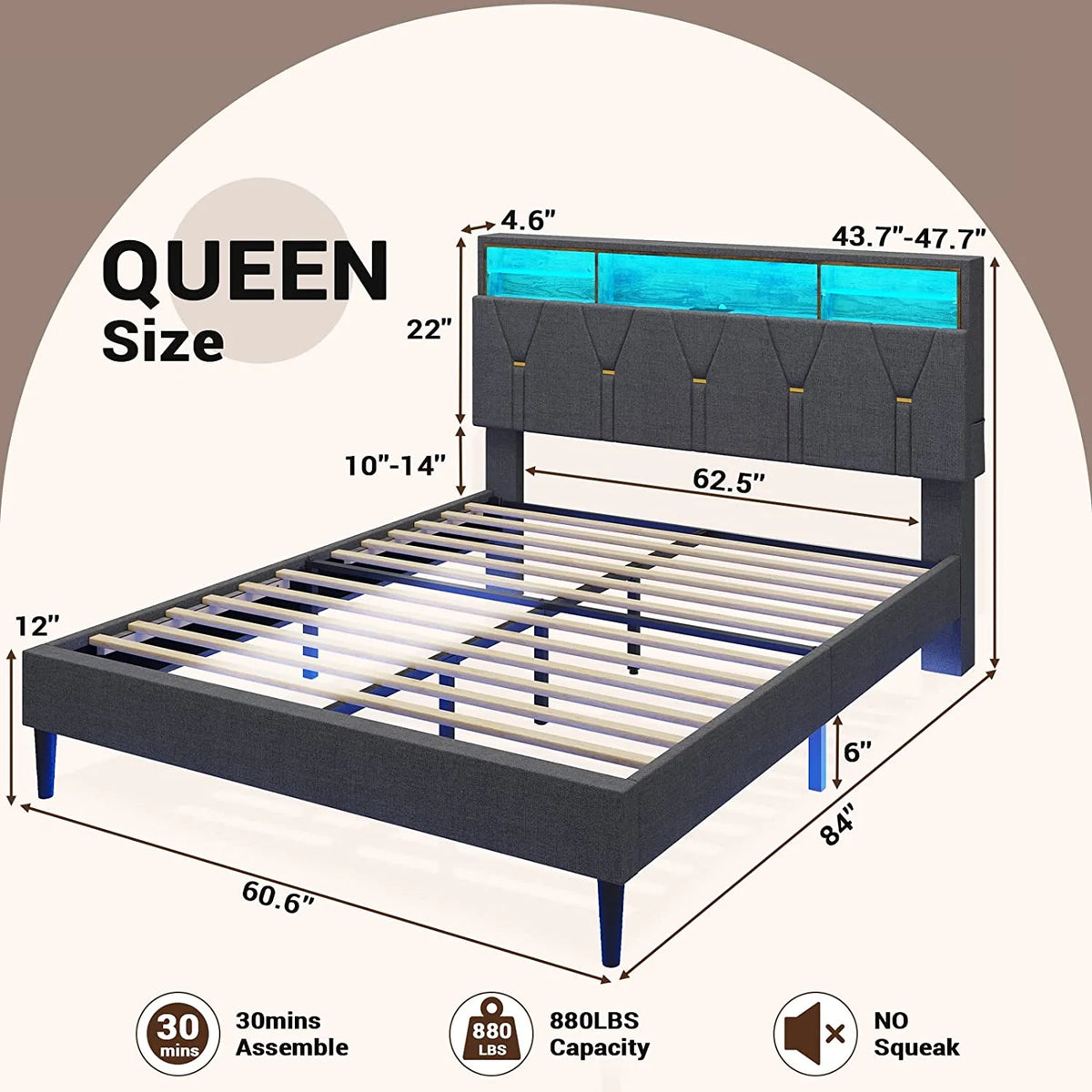 Queen Size Dark Grey Upholstered Platform Bed Frame B6497