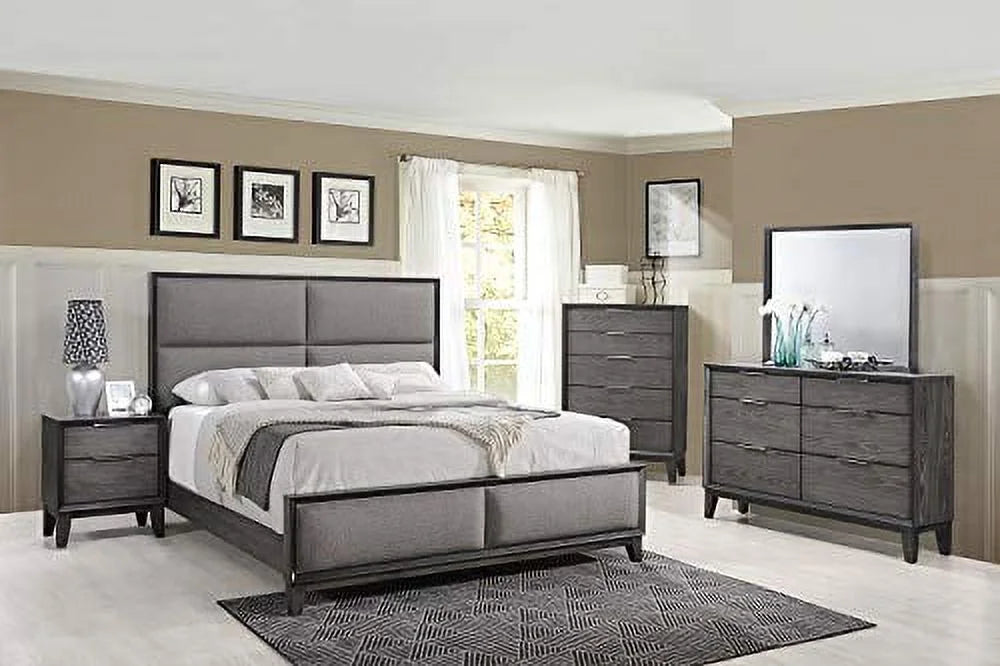 King Size Gray Bedroom Set with Bed Dresser Mirror Chest and 2 Nightstands O510