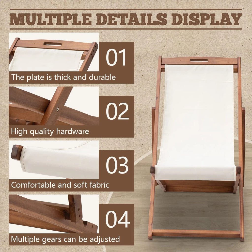 Outdoor Wooden Patio Lounge Chair 2 Set Beach Sling Chair Portable Reclining Solid Wood Frame White Polyester Canvas Khaki D456672