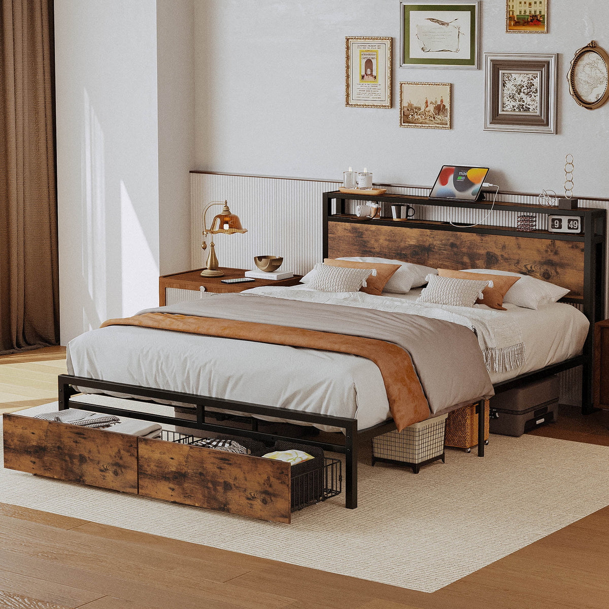 Queen Bed Frame with 2 Tier Storage Headboard and 2 Drawers E2300