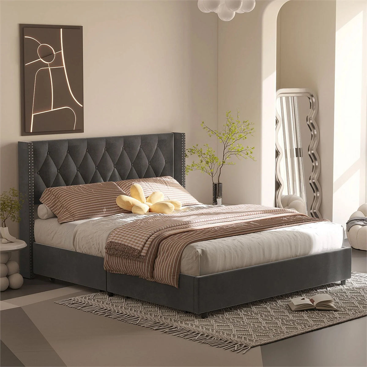 Gray Velvet 4-Drawer Full Size Platform Bed F264415