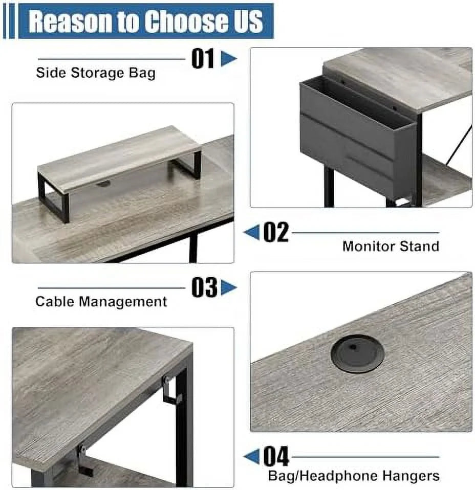 L Shaped Reversible Corner Computer Desk with Shelves F205
