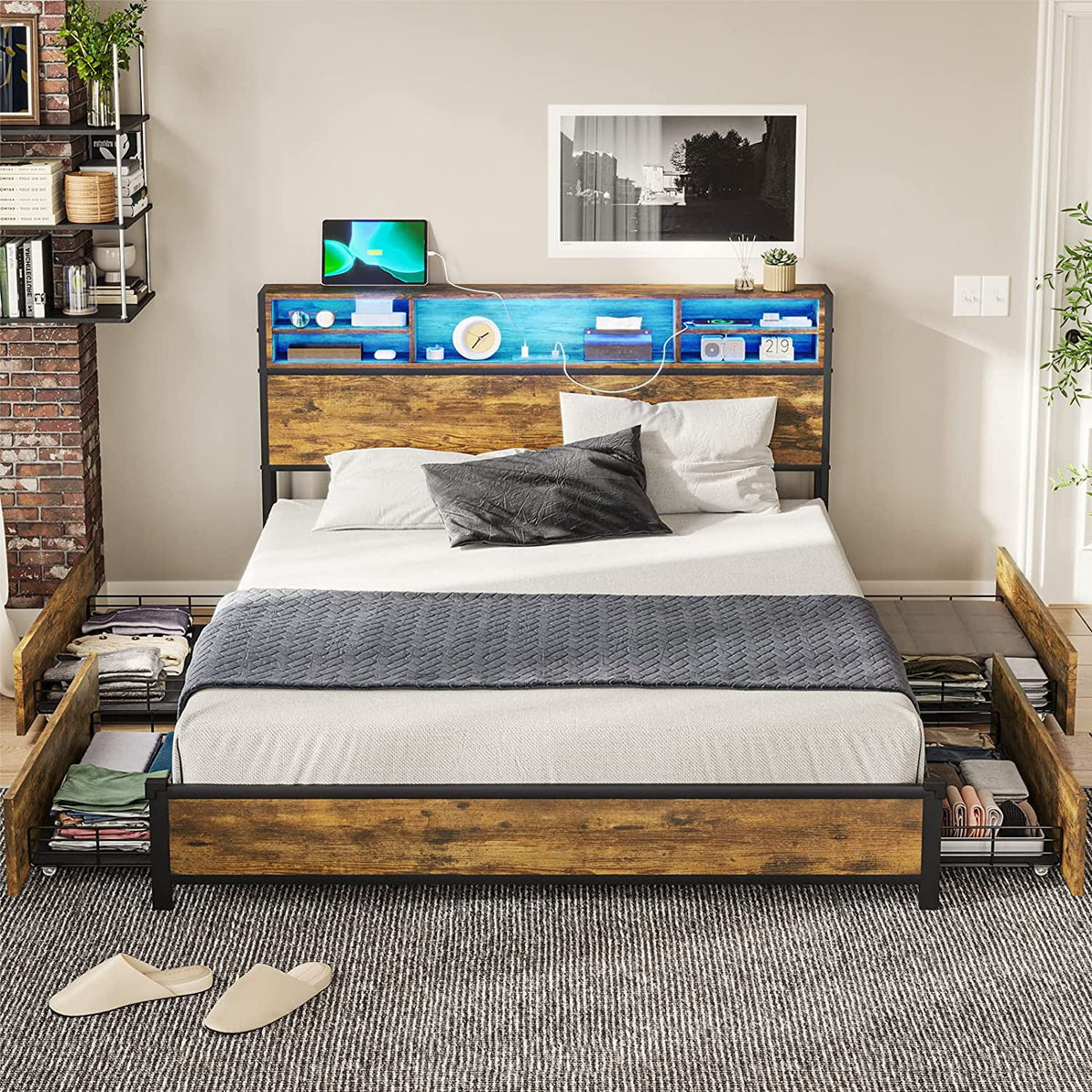 Queen Bed Frame with LED Lights Headboard & 4 Storage Drawers P378