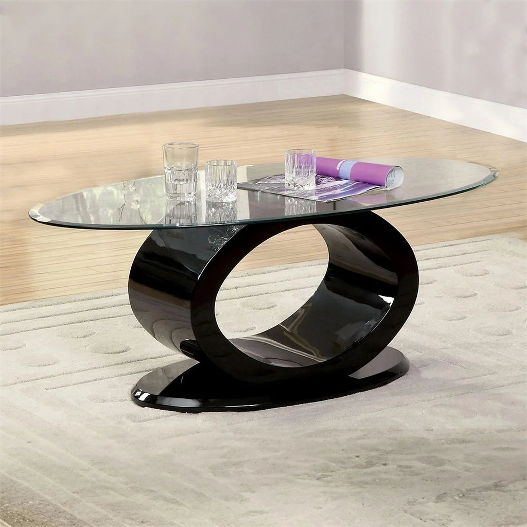 Contemporary Tempered Glass Top Coffee Table with O Shape Base, Black Q212