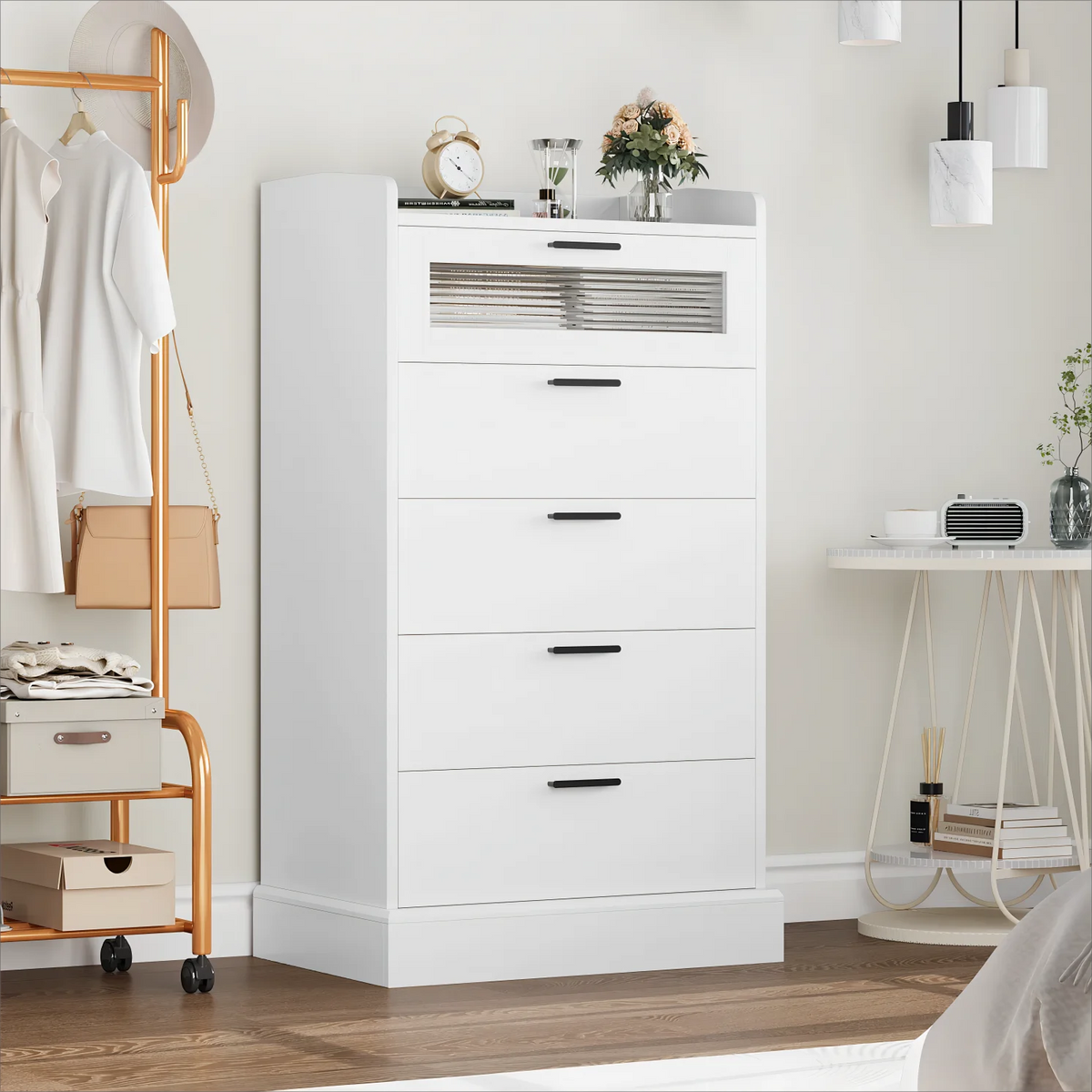 White 5 Drawer Glass Panel Wood Dresser H222