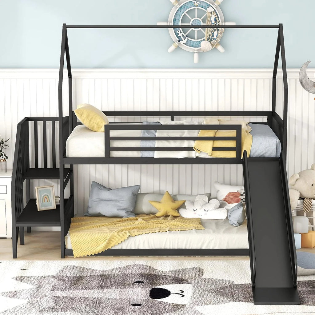 Black Metal Bunk Bed with Slide and Stairs A16749