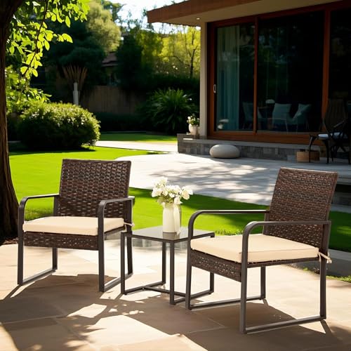 3 Piece Wicker Patio Bistro Set with Glass Coffee Table P489