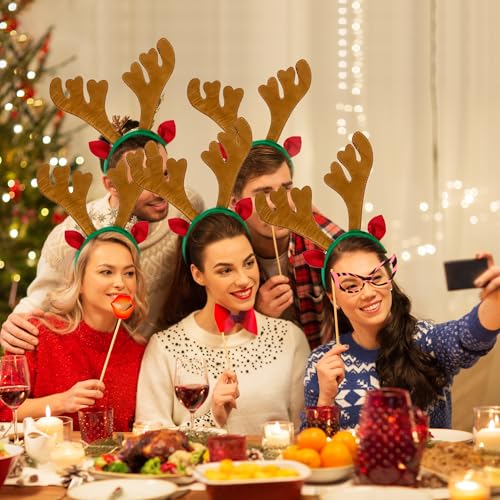 12 Pcs Brown Reindeer Antlers Headband with Red Noses V944