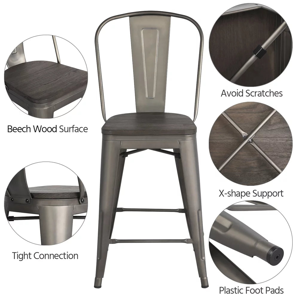 4pcs Industrial Metal Bar Stool with Solid Wood Seat K4173