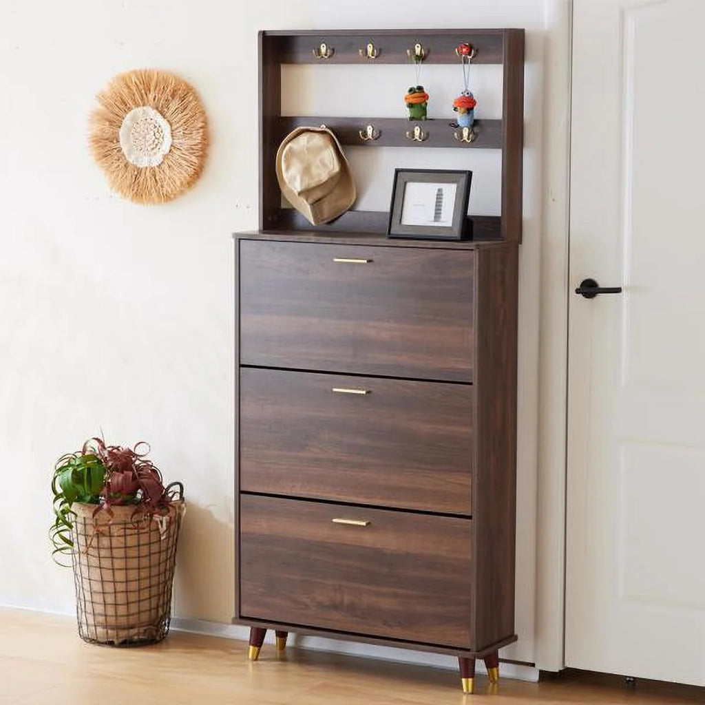 Brown Entryway Wardrobe Armoire Closet with 12 Hooks & 3 Shoe Cabinets Z858146