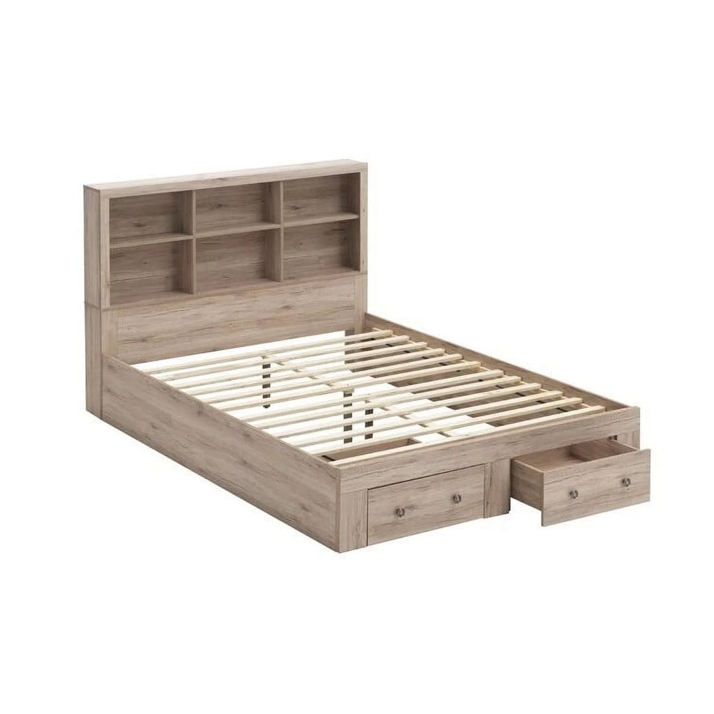 Queen Size Rustic Oak 2 Drawer Storage Platform Bed V8068
