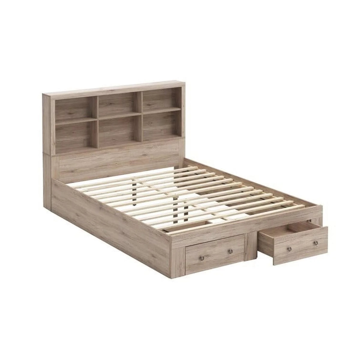 Queen Size Rustic Oak 2 Drawer Storage Platform Bed V8068
