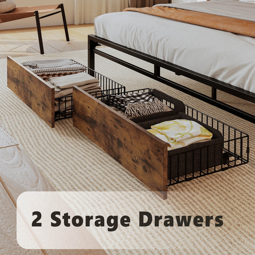 Queen Bed Frame with 2 Tier Storage Headboard and 2 Drawers E2300