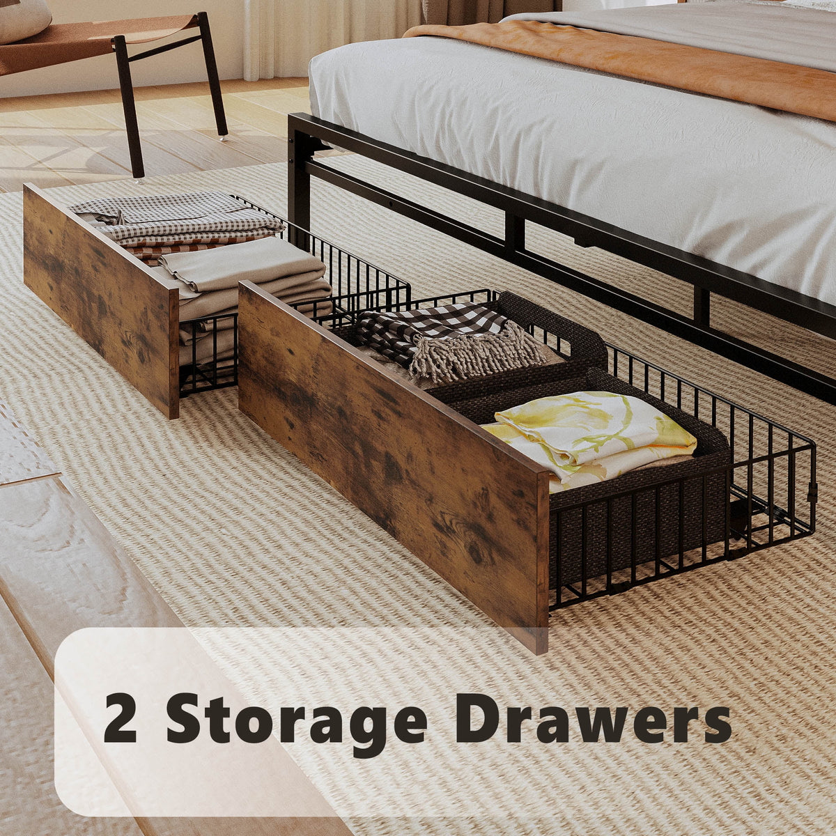 Queen Bed Frame with 2 Tier Storage Headboard and 2 Drawers E2300
