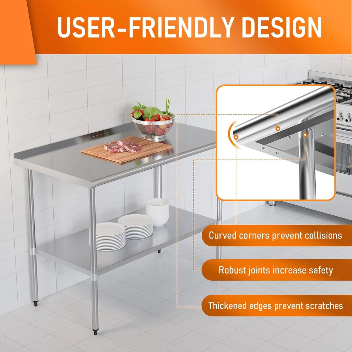 Stainless Steel Table with Adjustable Shelf and Backsplash E208