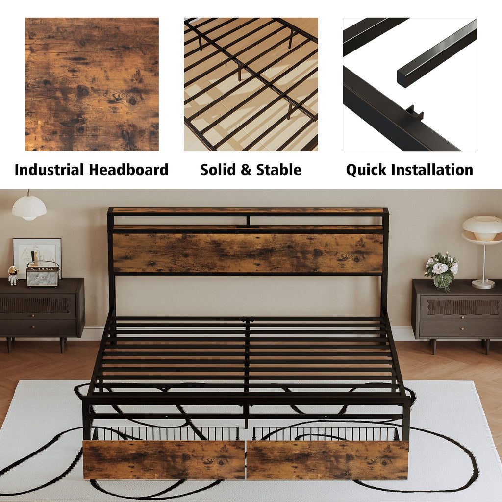 Queen Bed Frame with 2 Tier Storage Headboard and 2 Drawers E2300