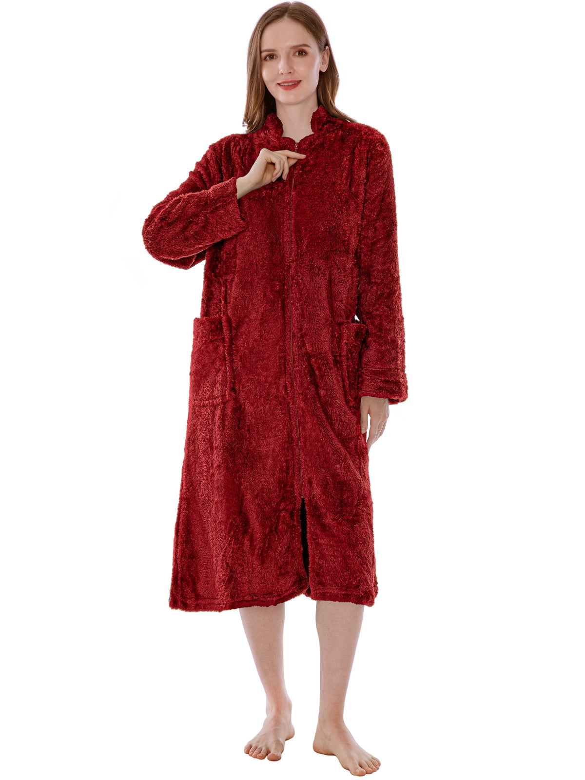 Wine Red Sherpa Fleece Zip Robe with Pockets B7937